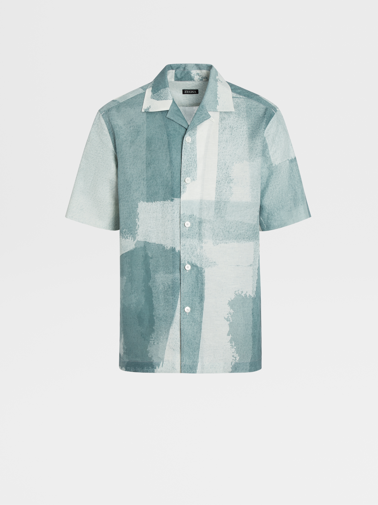 Aqua Green Printed Linen and Cotton Short-sleeve Shirt